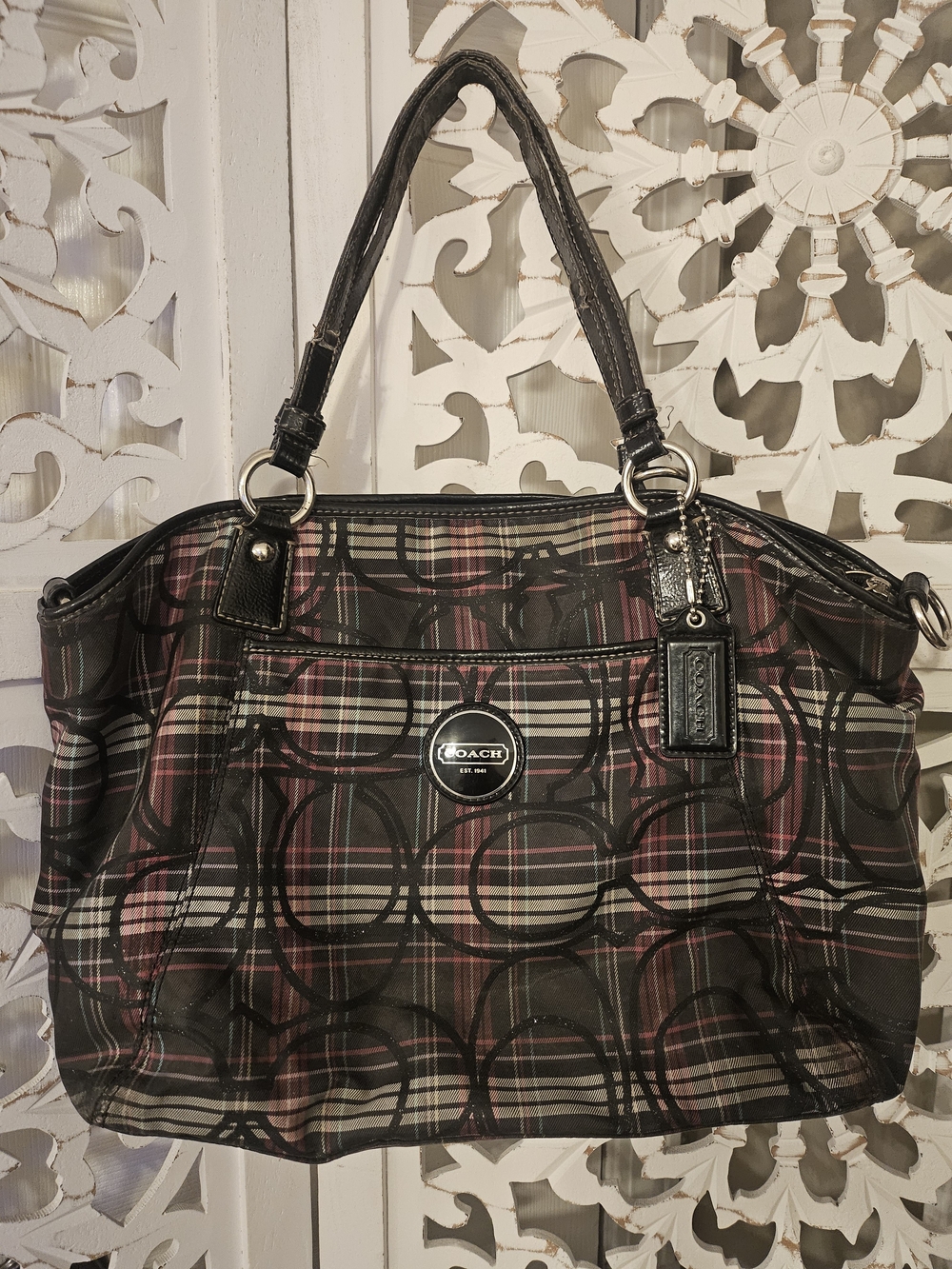 Coach Plaid Signature Tote Bag in Black/Pink - Picture 13 of 13